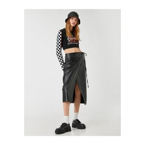 Koton Midi Skirt with Deep Slits and Wrapover Fastening with a Leather Look.