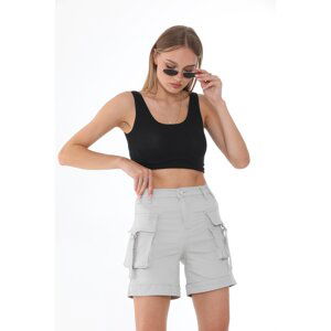 BİKELİFE High Waist Stretch Denim Shorts with Stone Cargo Pockets