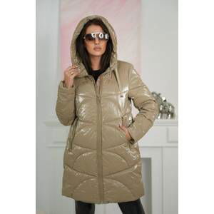 Shiny quilted jacket with large zippers beige