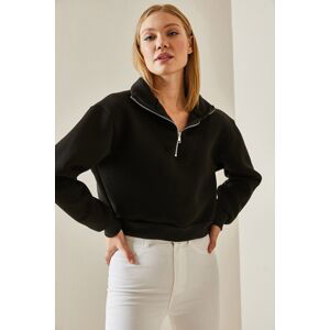 XHAN Black Zipper Detailed Crop Sweatshirt