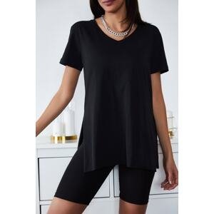 XHAN Women's Black Basic V-Neck Slit T-Shirt