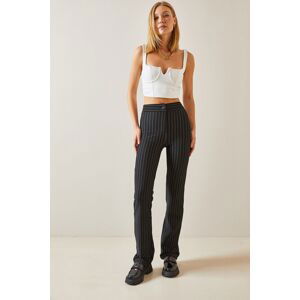 XHAN Black High Waist Striped Flare Trousers