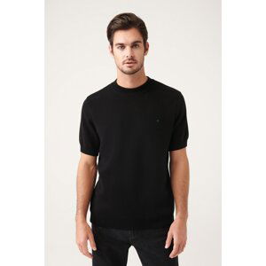 Avva Men's Black High Crew Neck 100% Cotton Ribbed Slim Fit Slim Fit Knitwear T-shirt