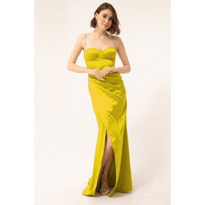 Lafaba Women's Pistachio Green Stone Strap Slit Long Satin Evening Dress