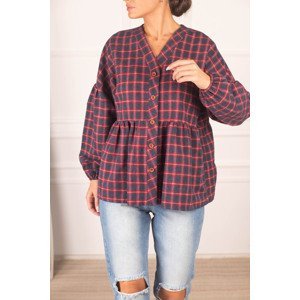 armonika Women's Navy Blue Bottoms Checkered Stamped Stamp Shirt with Smocked Sleeves and Elasticated