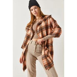 armonika Women's Orange Checkered Loose Pocket Jacket