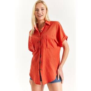 armonika Women's Tile Linen Shirt with Double Pocket Detail and a yoke at the back
