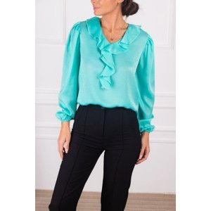 armonika Women's Turquoise Cotton Satin Blouse with Frilled Collar on the Shoulders and Elasticated Sleeves