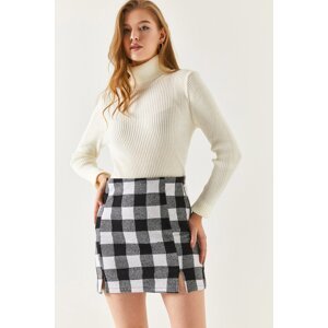 armonika Women's Checker Pattern Stitched Slit Mini Skirt