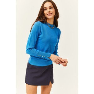 Olalook Women's Blue Slit Cuff Buttoned Knitwear Sweater