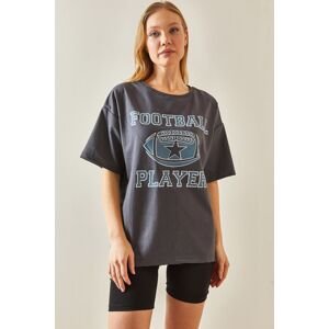 XHAN Smoky Crew Neck Front Printed Oversize T-Shirt