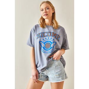 XHAN Gray Crew Neck Text Oversize T-Shirt