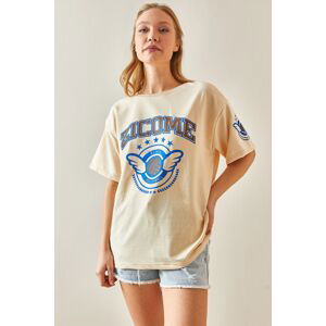 XHAN Cream Crew Neck Text Oversize T-Shirt