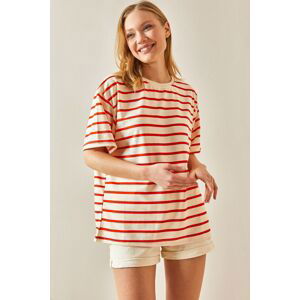 XHAN Orange Striped & Crew Neck Oversize T-Shirt