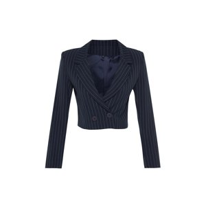 Trendyol Navy Blue Polyviscon Striped Crop Premium Woven Blazer Jacket