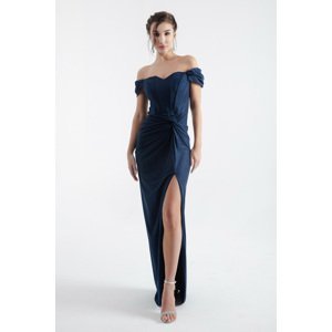Lafaba Women's Navy Blue Double Breasted Lined Corset Detailed Long Silvery Evening Dress