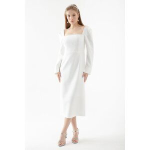 Lafaba Women's White Square Neck Pearl Midi Evening Dress