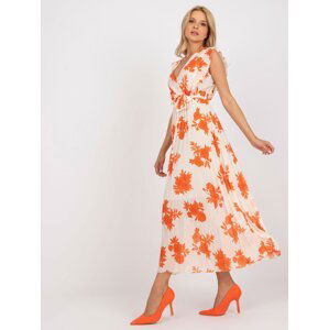 Beige and orange long pleated dress with prints