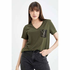 DEFACTO Regular Fit V Neck Sequin Detailed Short Sleeve T-Shirt