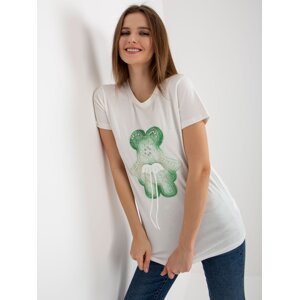 Ecru-green cotton women's T-shirt with 3D application