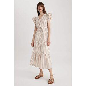 DEFACTO Wrap Collar Striped Linen Look Butterfly Sleeve Midi Short Sleeve Dress