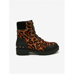 Brown Leather Ankle Boots with Leopard Pattern Desigual Biker Le - Ladies