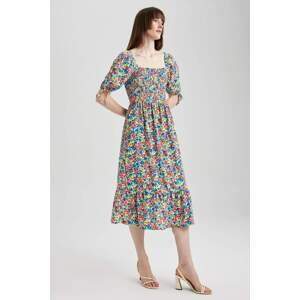 DEFACTO Square Neck Floral Balloon Sleeve Midi Short Sleeve Dress