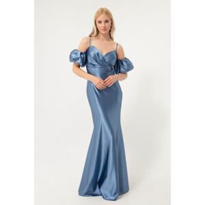 Lafaba Women's Indigo Rope Straps Low-Sleeve Long Satin Evening Dress.