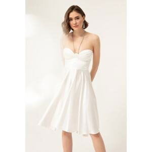 Lafaba Women's White Flare Cut Mini Evening Dress with Stone Straps.