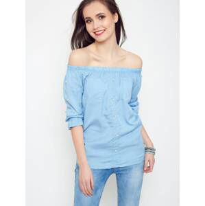 Blouse with pearls revealing shoulders blue