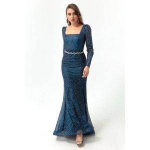 Lafaba Women's Navy Blue Square Neck Stoned Belted Long Evening Dress.