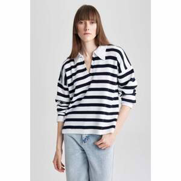 DEFACTO Regular Fit Polo Collar Striped Pullover