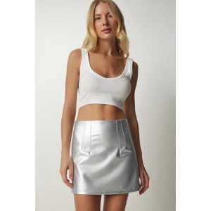 Happiness İstanbul Women's Metallic Gray Collared Glossy Mini Skirt