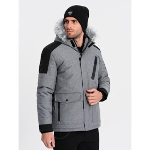 Ombre Men's winter jacket with adjustable hood with detachable fur - grey and black