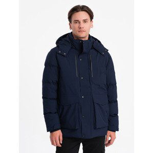 Ombre Men's winter jacket with detachable hood and cargo pockets - navy blue