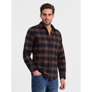 Ombre Men's checkered flannel shirt - navy blue and orange