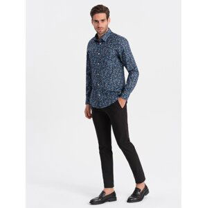 Ombre Men's SLIM FIT patterned cotton shirt - dark blue