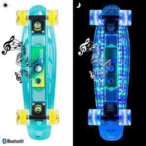 Svietiaci pennyboard WORKER Ravery 22" s bluetooth reproduktorom transparentná modrá/zelená